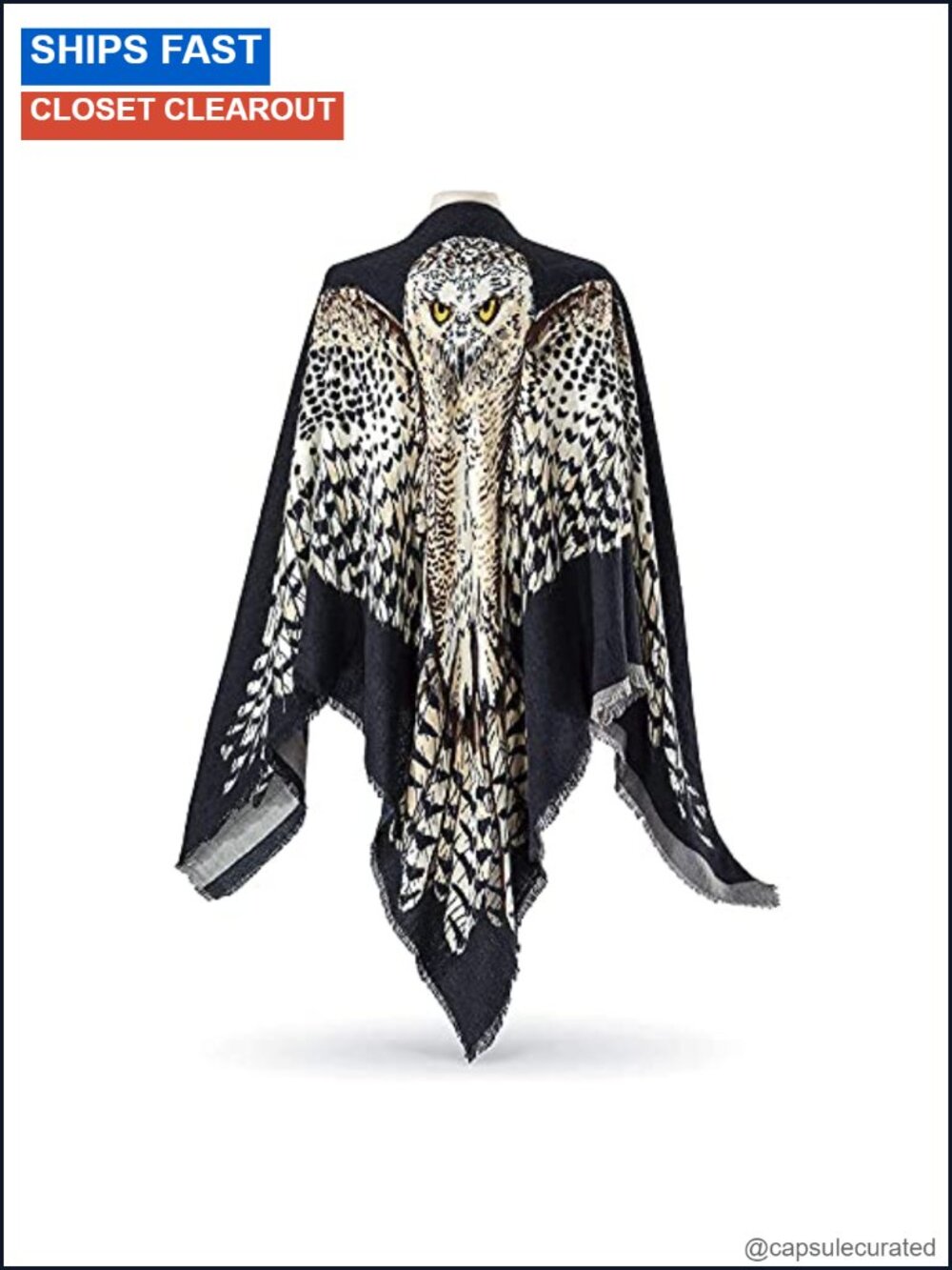 SAGEFINDS Reversible Owl Scarf Shawl 56" Square Acrylic Fringe